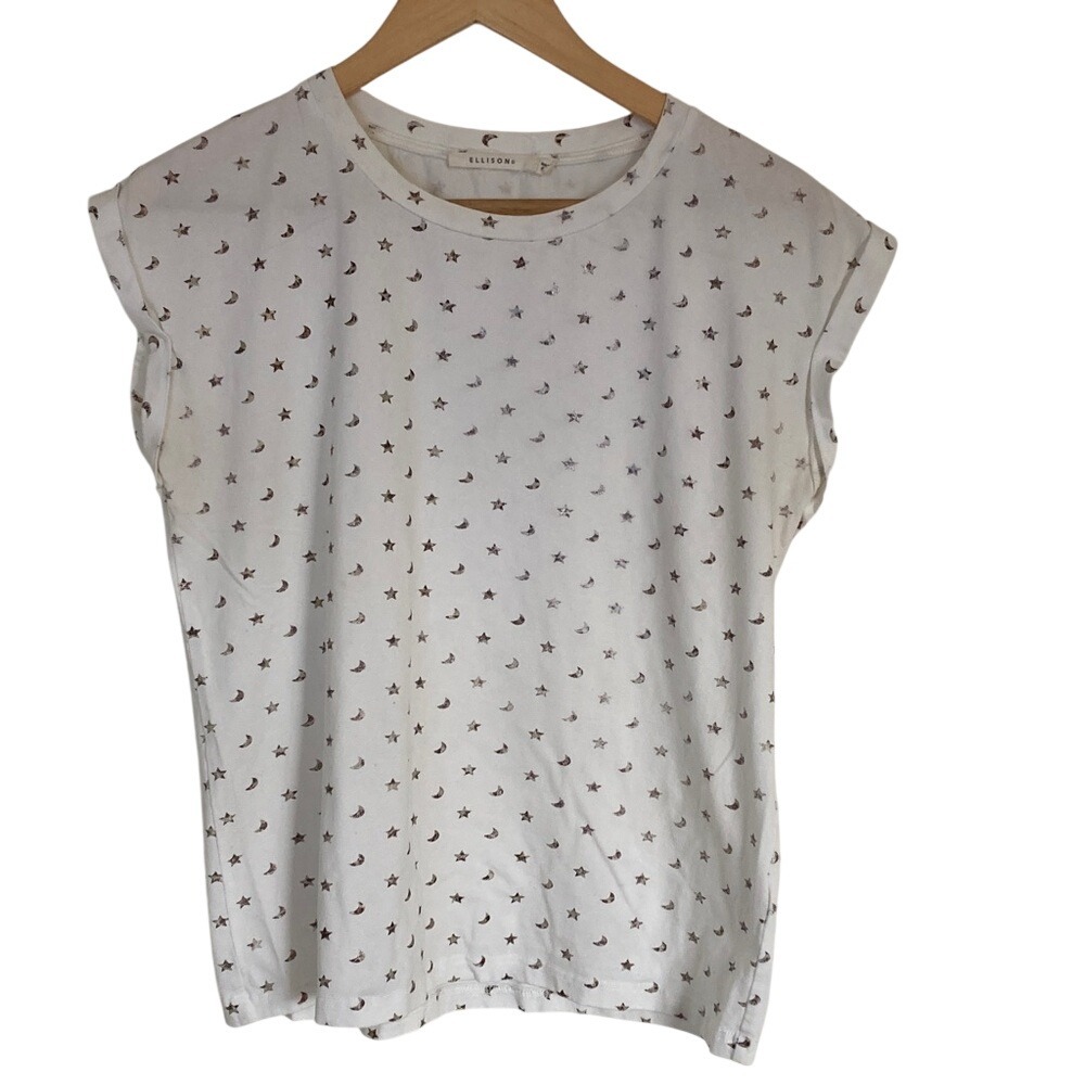 Ellison Womens Short Sleeve Star MoonPatterned White T‎ Shirt Size Medium Casual